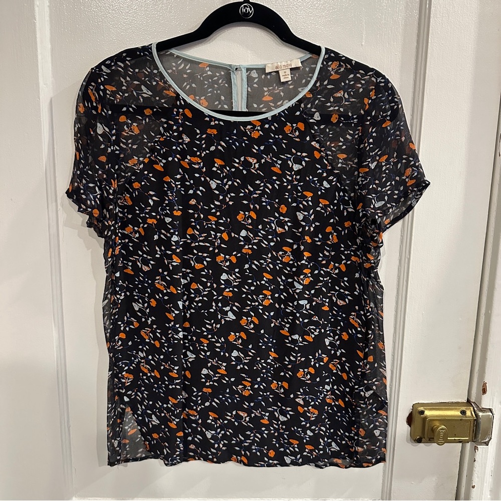 Anthropologie Ella Moss 100% silk short sleeve top, floral pattern, M, EUC